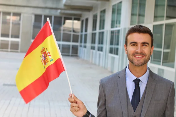 Крупним Планом Портрет Красивого Молодого Бізнесмена Тримає Прапор Іспанії Вулиці — стокове фото