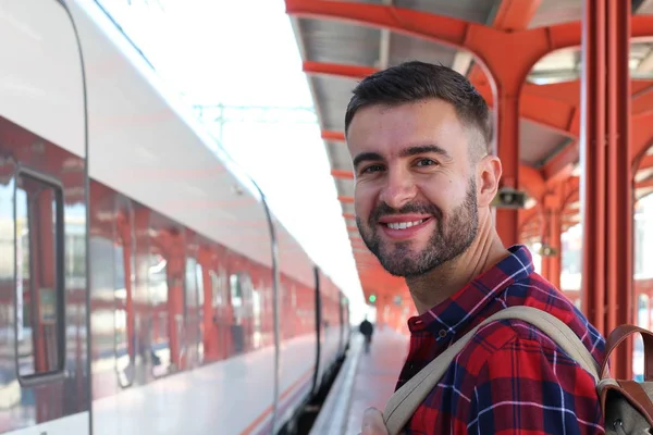 Close Portrait Handsome Young Man Backpack Train Station — 스톡 사진