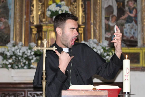 Close Portrait Handsome Young Priest Church — Stock Photo, Image