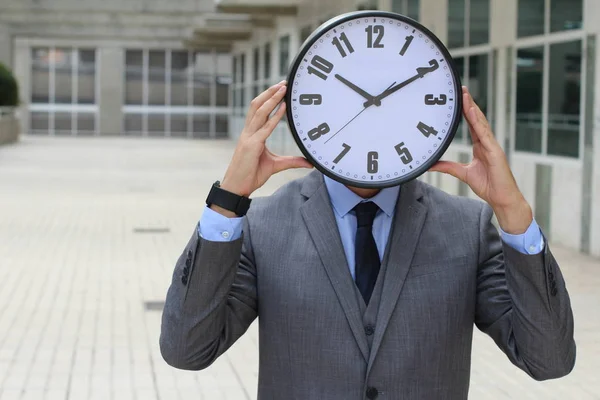 Businessman Holding Big Vintage Clock — Stock Photo, Image