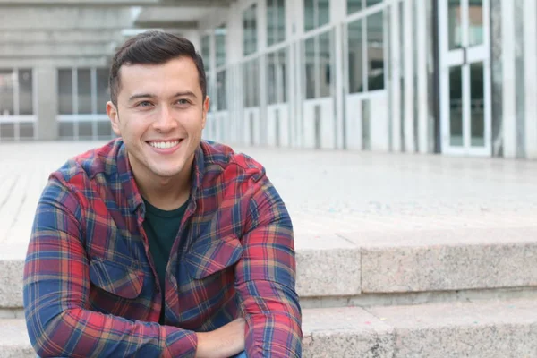 Close Portrait Handsome Young Man Plaid Shirt — ストック写真