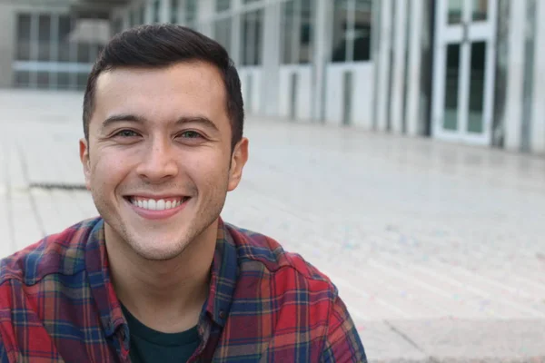 Close Portrait Handsome Young Man Plaid Shirt — ストック写真