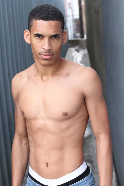 Close Portrait Handsome Young Shirtless African American Man Street — Stock Photo, Image