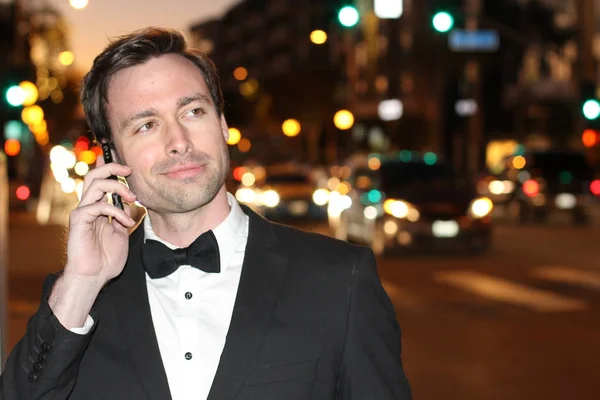 Close Shot Handsome Young Man Tuxedo Bow Tie Talking Phone — 스톡 사진