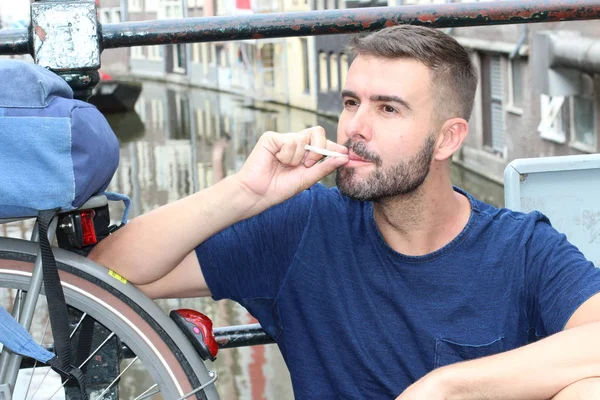 Man Smiling Amsterdam While Holding Joint — 스톡 사진