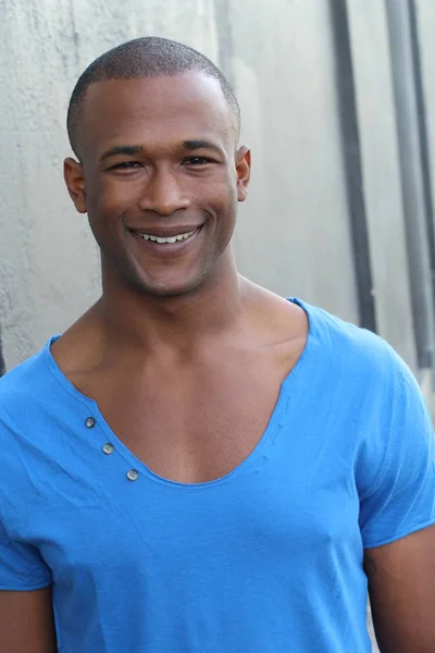 Close Portrait Handsome Young African American Man Blue Shirt Street — 스톡 사진