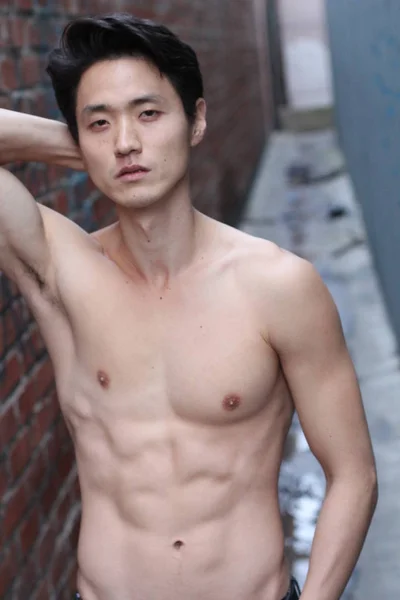 Close Portrait Handsome Young Asian Shirtless Man Street — Stock Photo, Image