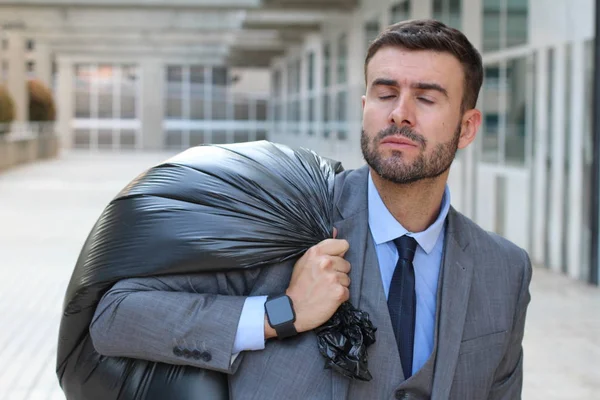 Close Portrait Handsome Young Businessman Big Black Trash Bag Street — Stock Photo, Image