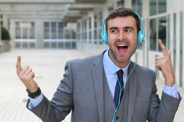 Close Portrait Handsome Young Businessman Listening Music Headphones Street — Stock Photo, Image