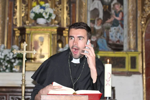 Close Portrait Handsome Young Priest Talking Phone Church — Stock Photo, Image