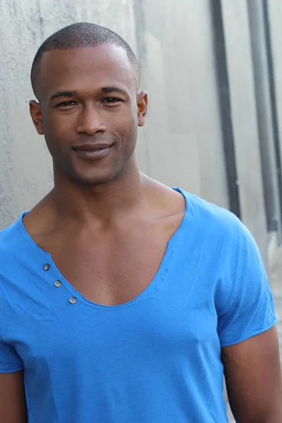 Close Portrait Handsome Young African American Man Blue Shirt Street — Stock Photo, Image