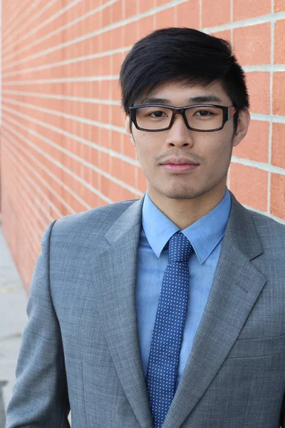 Primer Plano Retrato Guapo Joven Asiático Hombre Negocios Frente Ladrillo —  Fotos de Stock