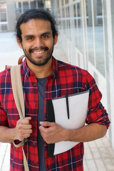 Close Retrato Belo Jovem Estudante Raça Mista Camisa Xadrez Vermelho — Fotografia de Stock