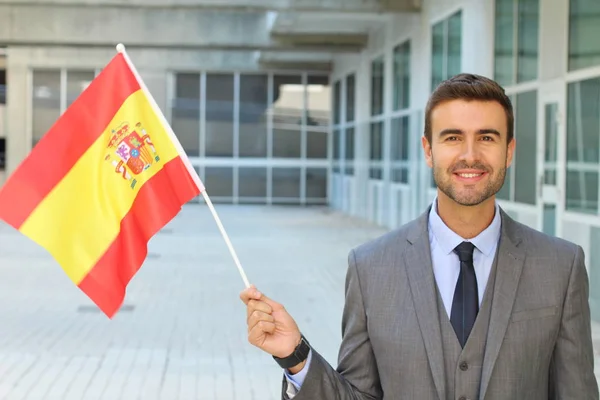 Närbild Porträtt Stilig Ung Affärsman Som Håller Spanien Flagga Gatan — Stockfoto