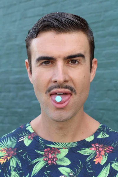 Young Modern Man White Pill His Tongue — Stok fotoğraf
