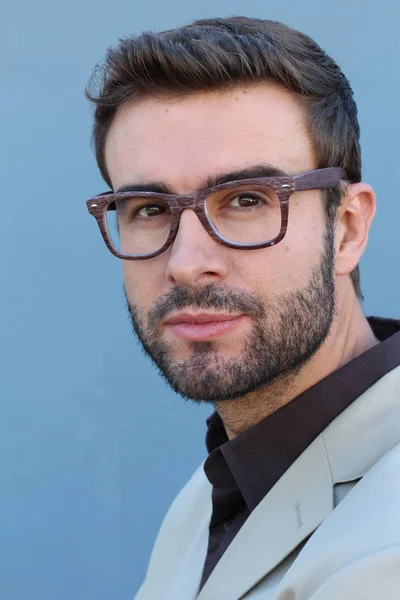 Close Retrato Belo Jovem Barbudo Homem Frente Parede — Fotografia de Stock