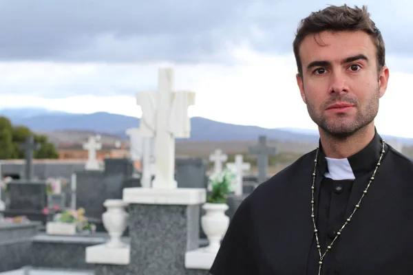 Close Portrait Handsome Young Priest Graveyard — Stock Photo, Image