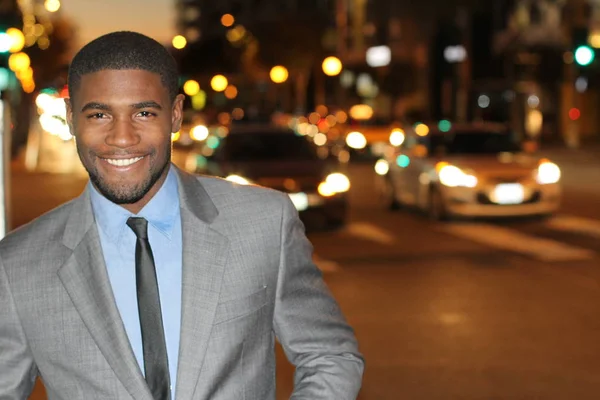 Close Portrait Handsome Young African American Businessman Street Night — Stock Photo, Image