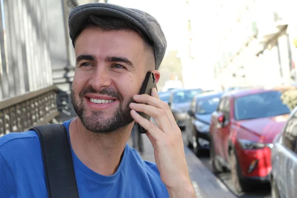 Close Portrait Handsome Young Man Casual Clothes Talking Phone European — 스톡 사진