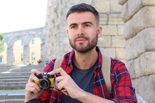 Close Portrait Handsome Young Man Taking Photo Vintage Film Camera — 스톡 사진