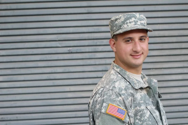 Close Portrait Handsome Young Soldier Front Grey Wall — Stock Photo, Image