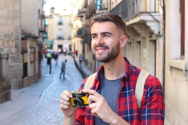 Close Portrait Handsome Young Man Backpack Vintage Film Camera Old — 스톡 사진