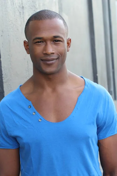 Close Portrait Handsome Young African American Man Blue Shirt Street — Stock Photo, Image