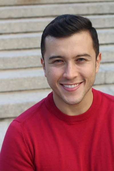 Close Portrait Handsome Young Man Red Sweatshirt Street — ストック写真