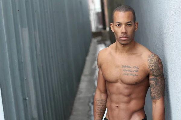 Close Portrait Handsome Young Shirtless African American Man Street — Stock Photo, Image