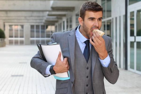 Businessman Walking Eating Same Time — Stock Photo, Image
