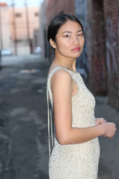 Elegante Mujer Asiática Callejón Urbano Oscuro Camino Con Espacio Copia — Foto de Stock