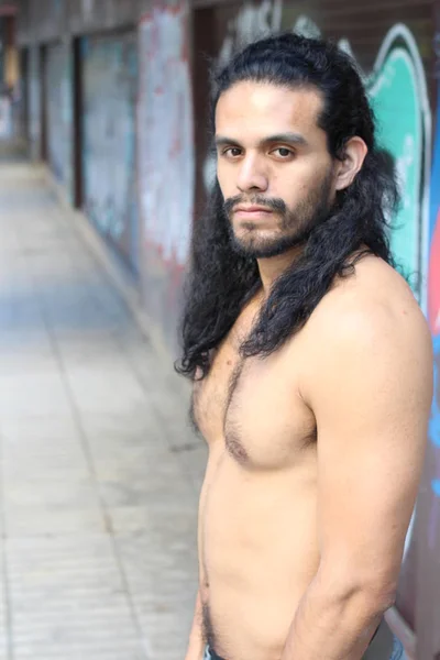 Close Portrait Handsome Young Man Mixed Race Long Hair Looking — 스톡 사진