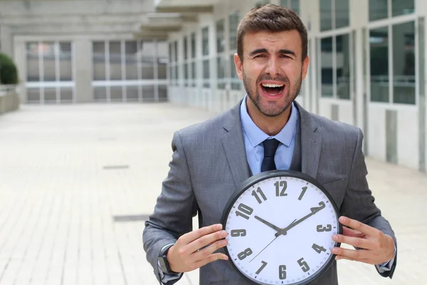 Businessman Holding Big Vintage Clock — Stock Photo, Image