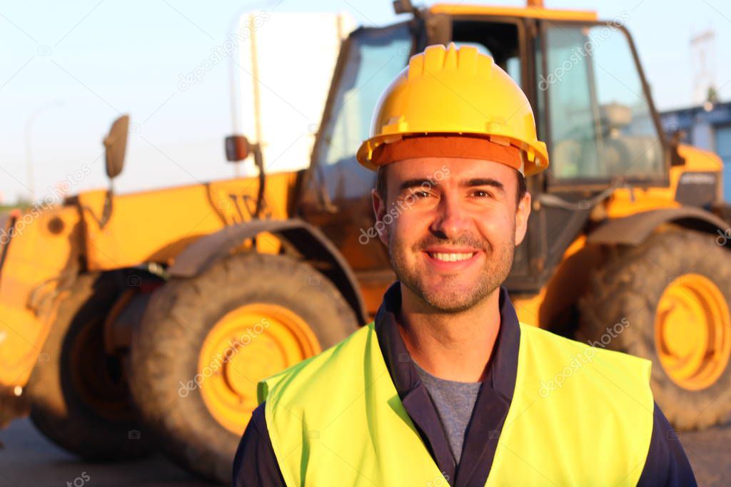 Professional construction industry driver, closeup portrait at sunset time 