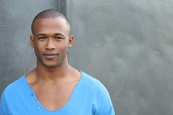 Close Portrait Handsome Young African American Man Blue Shirt Street — 스톡 사진