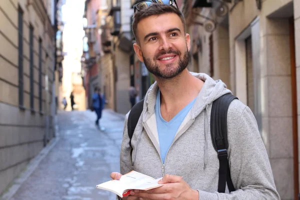 Close Portrait Handsome Young Man Backpack Book City Street — 스톡 사진