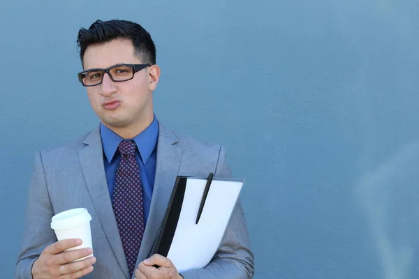 Close Portrait Handsome Young Businessman Front Blue Wall — Stock Photo, Image