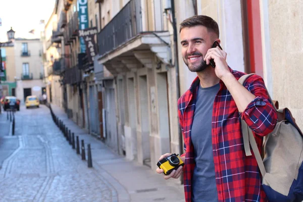 Close Portrait Handsome Young Man Backpack Talking Phone Old City — 스톡 사진