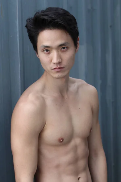 Close Portrait Handsome Young Asian Shirtless Man Street — Stock Photo, Image