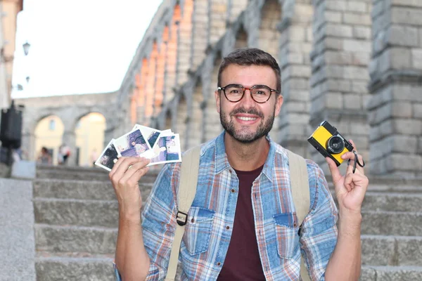 Young Bearded Man Glasses Holding Camera Photos — 스톡 사진