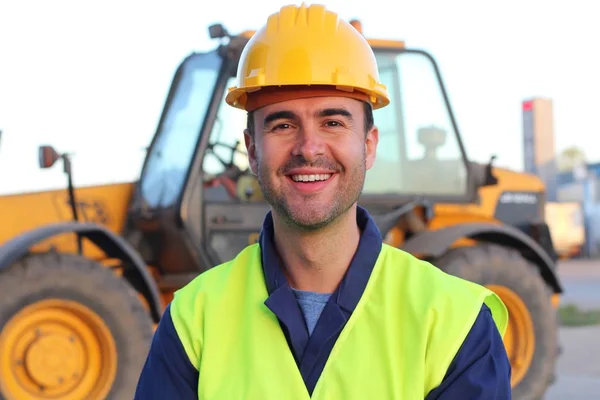 Professionele Bouwvakker Close Portret Bij Zonsondergang — Stockfoto