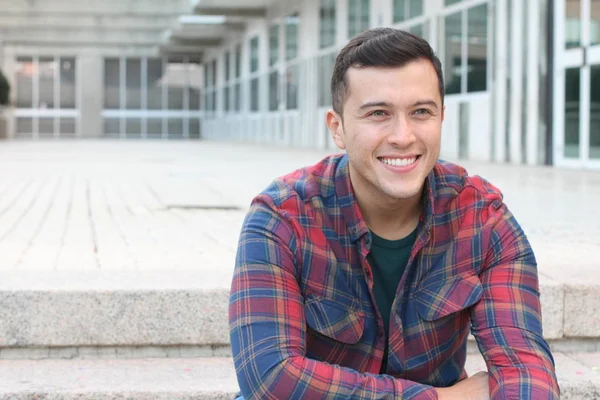 Close Portrait Handsome Young Man Plaid Shirt — ストック写真