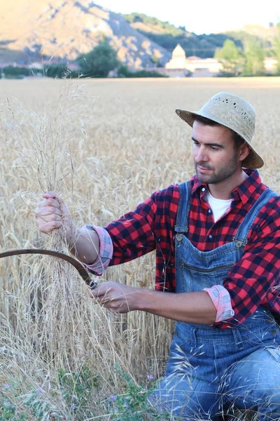 Close Portrait Handsome Young Man Farmers Clothes Straw Hat Wheat — Stock Photo, Image