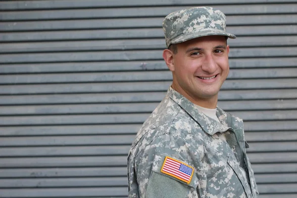 Close Portrait Handsome Young Soldier Front Grey Wall — Stock Photo, Image