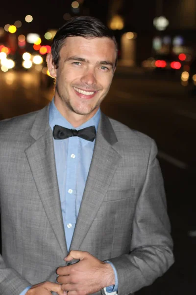 Close Portrait Handsome Young Man Suit Bow Tie Street Night — Stock Photo, Image