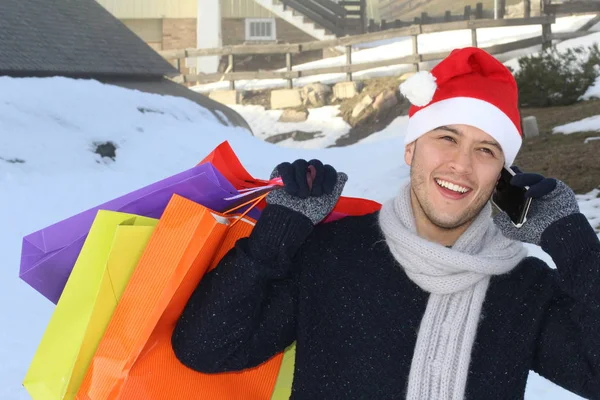 Soddisfatto Shopper Chiamando Telefono Aziende Presenti — Foto Stock