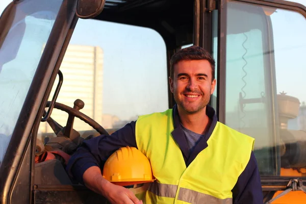 Motorista Profissional Indústria Construção Close Retrato Pôr Sol — Fotografia de Stock