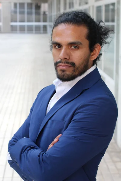 Close Portret Van Knappe Jonge Zakenman Blauw Jasje Straat — Stockfoto