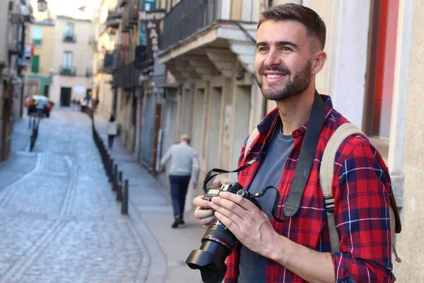 Close Portrait Handsome Young Man Backpack Dslr Camera Old City — 스톡 사진