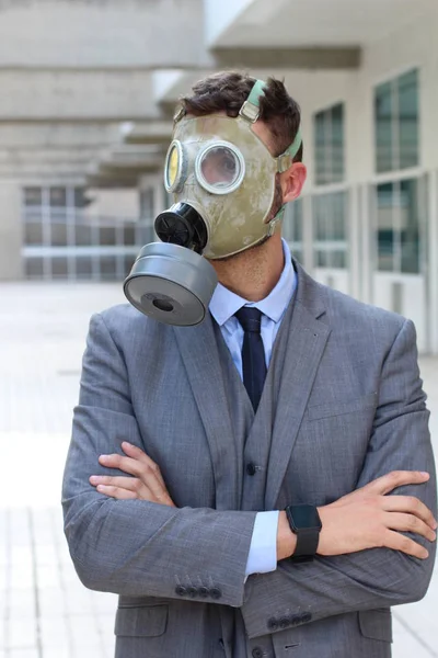 Close Portrait Handsome Young Businessman Gas Mask Street — Stock Photo, Image